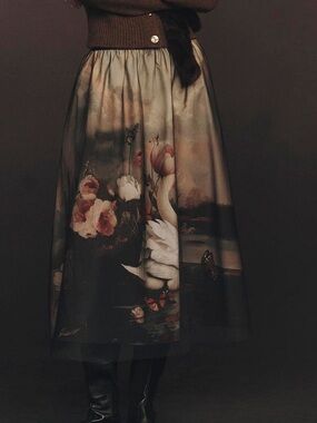 Anthropologie Wondernight Midi Skirt NEW Black Swan Art XL